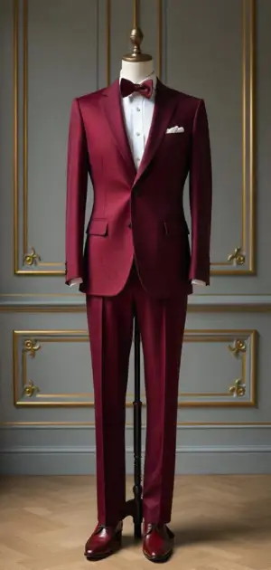 Burgundy tuxedo with a matching bow tie on a mannequin