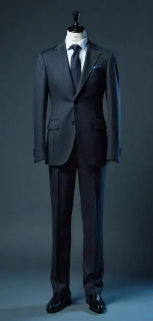 Dark blue pinstriped suit with a sleek modern fit on a mannequin