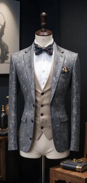 A tailored grey paisley suit with a beige vest, bow tie, and pocket square.