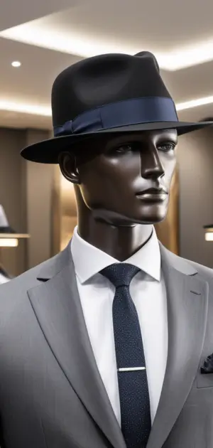 A black Hat with a blue ribbon on a mannequin in a grey suit.
