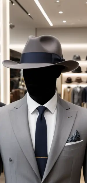 A grey wide-brim Hat with a navy ribbon on a faceless mannequin.