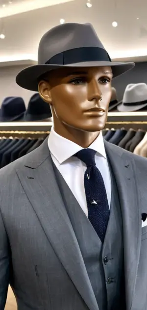 A classic grey Hat with a black ribbon on a mannequin in a three-piece suit.