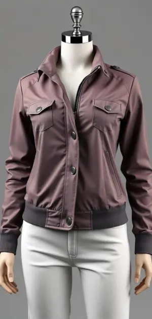 Mauve zip-up bomber jacket with buttoned chest pockets on a mannequin.