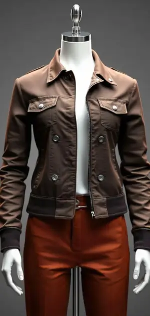Dark brown double-breasted utility jacket with silver buttons on a mannequin.