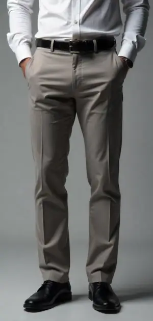 Man in beige dress trousers with a white dress shirt and black shoes