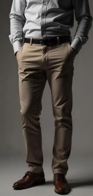 Man in tan chinos with a light gray dress shirt and brown shoes.