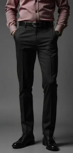 Man in black dress pants with a maroon shirt and black shoes