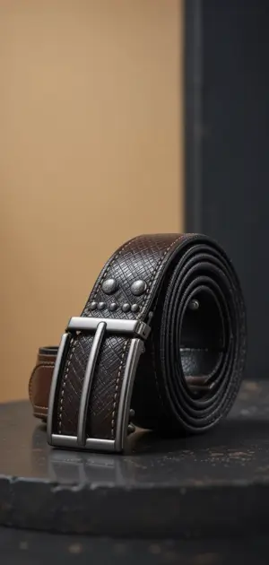 Durable brown leather belt with a textured design and metal-accented buckle.