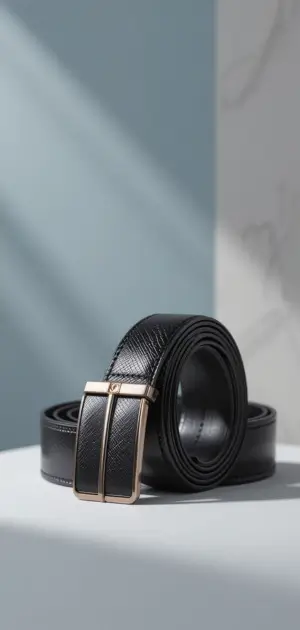 Elegant black leather belt with a sleek buckle and textured design.