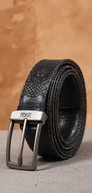 Stylish black leather belt with an ornate floral pattern and sleek buckle.