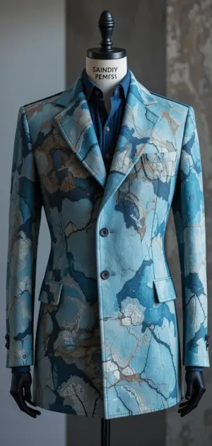 Blue artistic-patterned coat with structured shoulders and sleek fit.