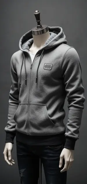Men's dark grey athletic zip-up hoodie with ribbed cuffs and a logo.