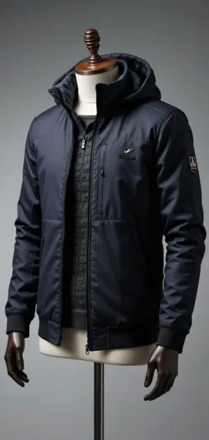 Navy athletic jacket with a hoodie, displayed on a mannequin.