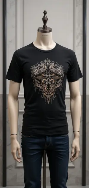 Black t-shirt featuring an intricate ornamental print on the chest.