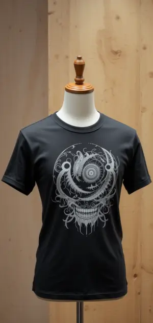 Black t-shirt with a detailed graphic skull print on the front.