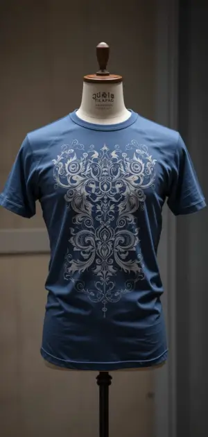 Blue t-shirt featuring a striking ornate symmetrical print on a mannequin.