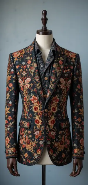 Black and burnt orange floral blazer with vintage-inspired embroidery.