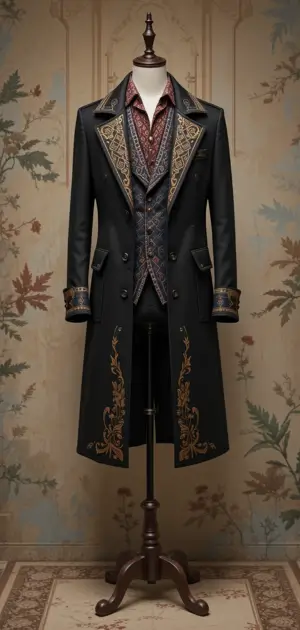 Black long coat with gold embroidery and a patterned vest.