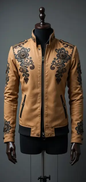 A stylish tan Bohemian jacket with detailed black floral patterns.