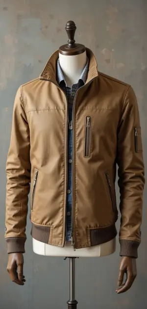 Brown cotton jacket on a mannequin with zipper and button details.
