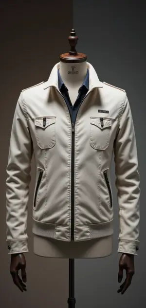 White cotton jacket displayed on a mannequin with a structured fit.