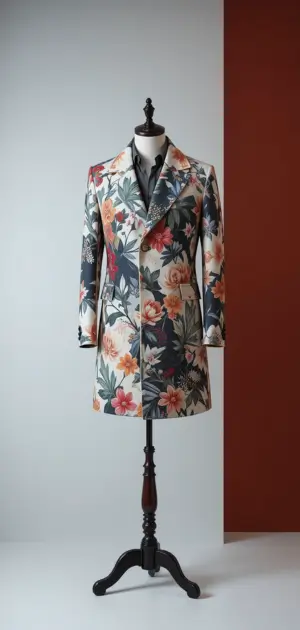 A floral coat with mixed bold and pastel hues displayed against a modern backdrop.