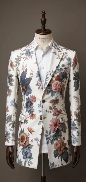 A white floral blazer with detailed rose and leaf patterns on a mannequin.