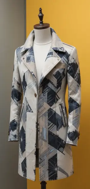A beige and gray geometric coat with striking urban-inspired prints.