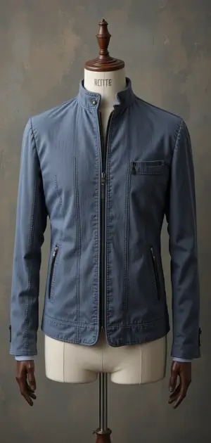 Navy blue linen jacket with a high collar and a tailored fit.