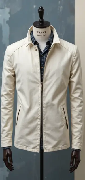 Off-white linen jacket styled with a denim shirt for a modern touch.