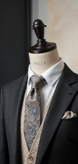 A dark checked suit paired with a paisley tie and a beige waistcoat.