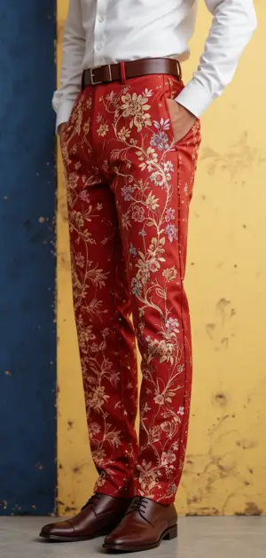 Men's red trousers with golden floral embroidery, styled with a white shirt.