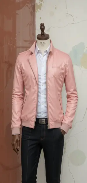 Light pink bomber jacket paired with a white dress shirt and belt.