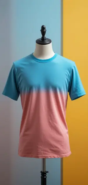 A gradient pastel T-shirt with blue and pink hues on a mannequin.