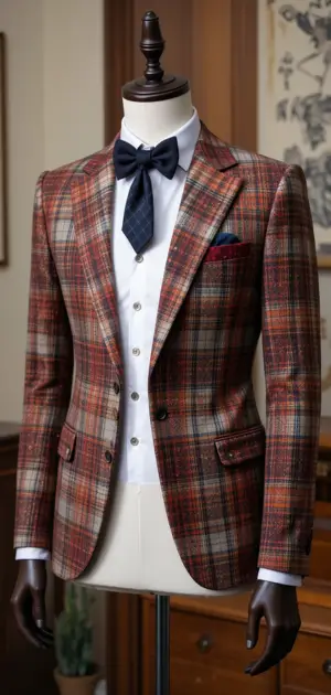 Red plaid blazer with a bow tie and vest for a sharp, formal look.