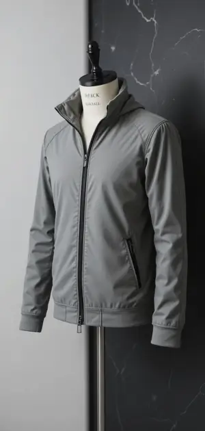 Light gray zip-up polyester jacket displayed on a mannequin.