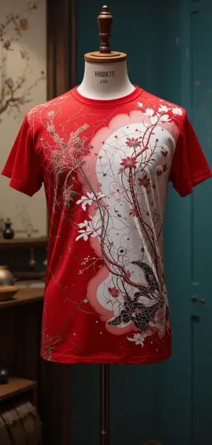 Vibrant red T-shirt featuring a unique artistic bird and floral print.
