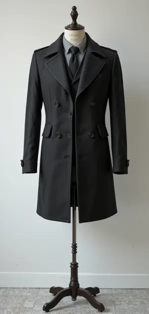 Black double-breasted overcoat with structured shoulders and lapels.
