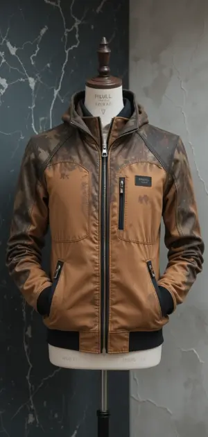 Men's brown hooded sports jacket with contrast details.