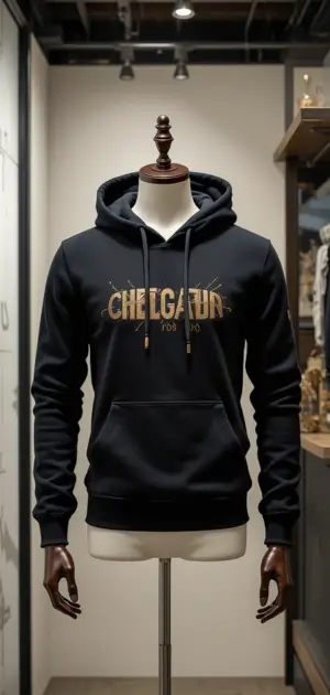 Black hoodie with gold text and a simple yet modern design.
