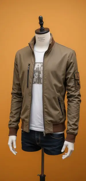 A trendy light brown bomber jacket with ribbed hem and casual appeal.