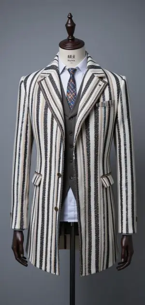 A formal men's coat with crisp black-and-white striped patterns.