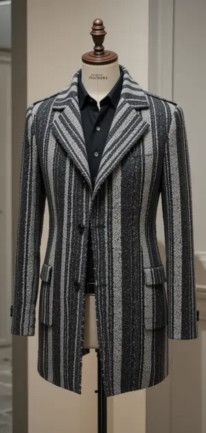 A fashionable striped coat for men styled with a black shirt.
