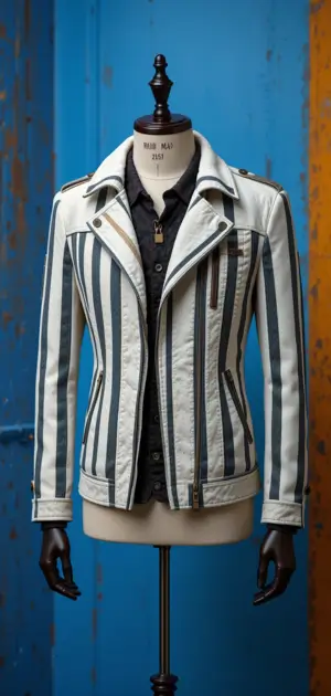 Men's white and navy striped jacket with zip details and contrast trim.