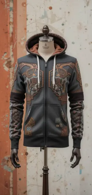 Black zip-up hoodie with artistic embroidery and travel motifs.