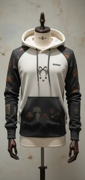 White and black travel hoodie with unique prints and drawstrings
