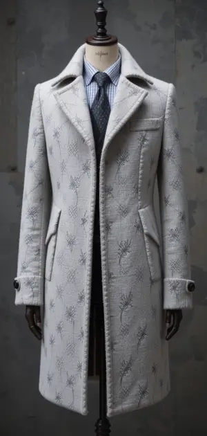 White embroidered vintage coat with structured lapels and buttoned cuffs.