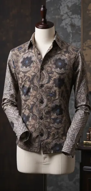 A detailed vintage dress shirt with paisley and floral designs in neutral tones.