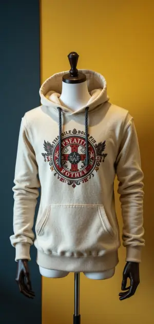 Classic cream hoodie with a faded vintage emblem and relaxed fit.