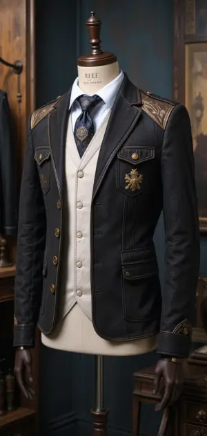 A structured black blazer with gold embellishments and elegant style.